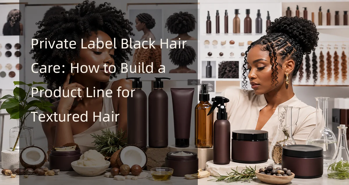 Two women with textured hairstyles sit at a table filled with private-label haircare products. Background features product samples and hair types.